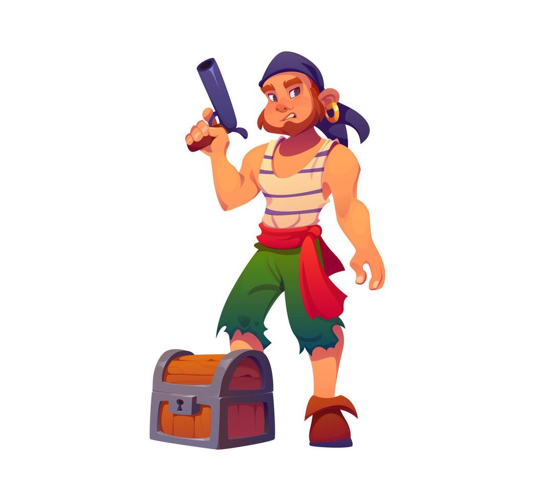 Cartoon pirate character defends treasure chest vector
