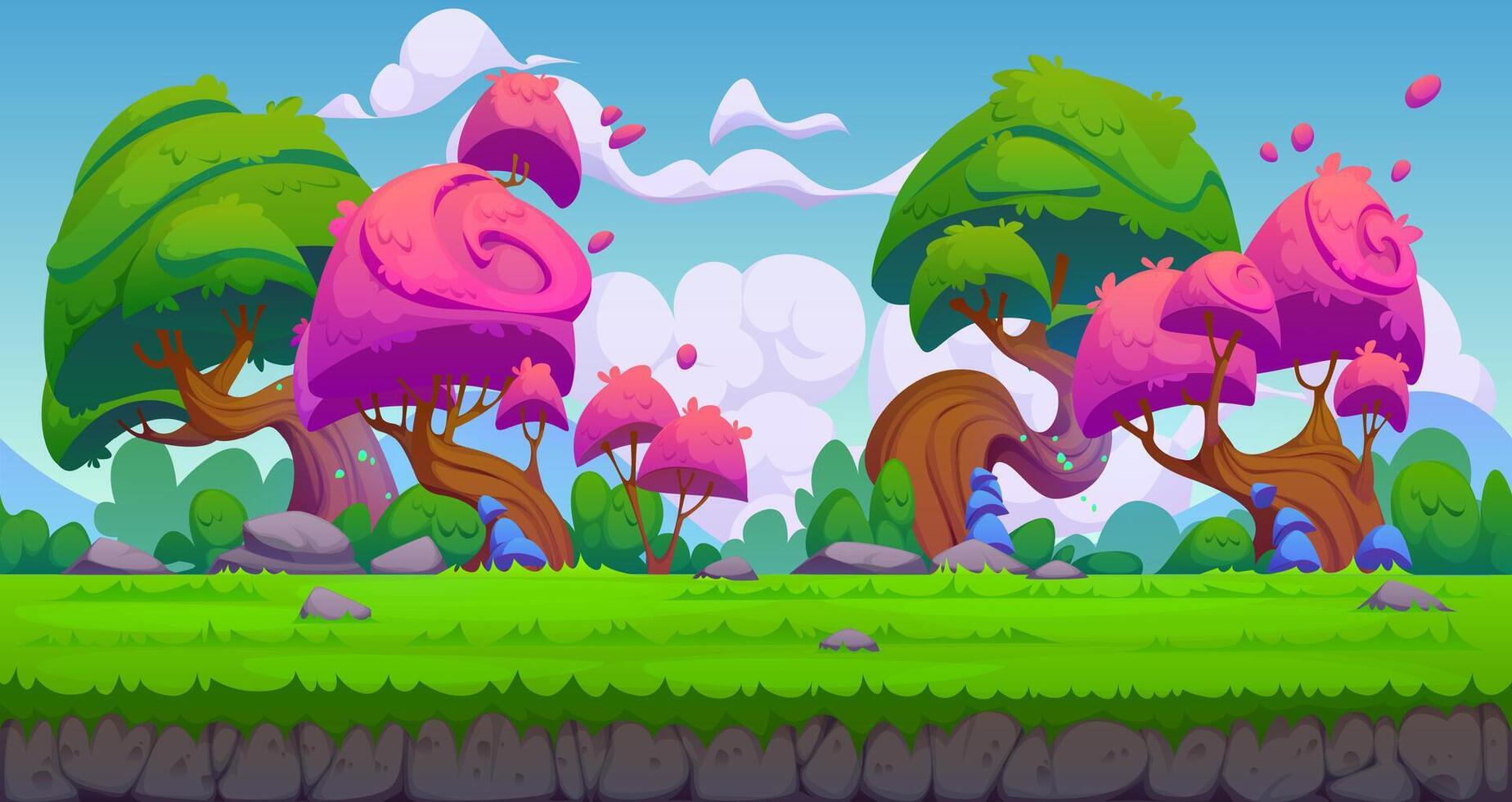 Game landscape with fairytale pink trees on meadow vector