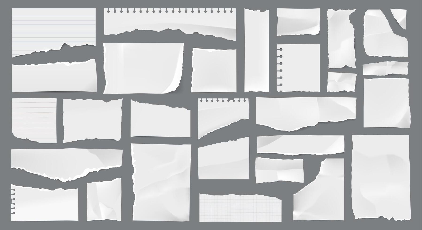 White torn paper texture, rip tear pieces, scraps vector