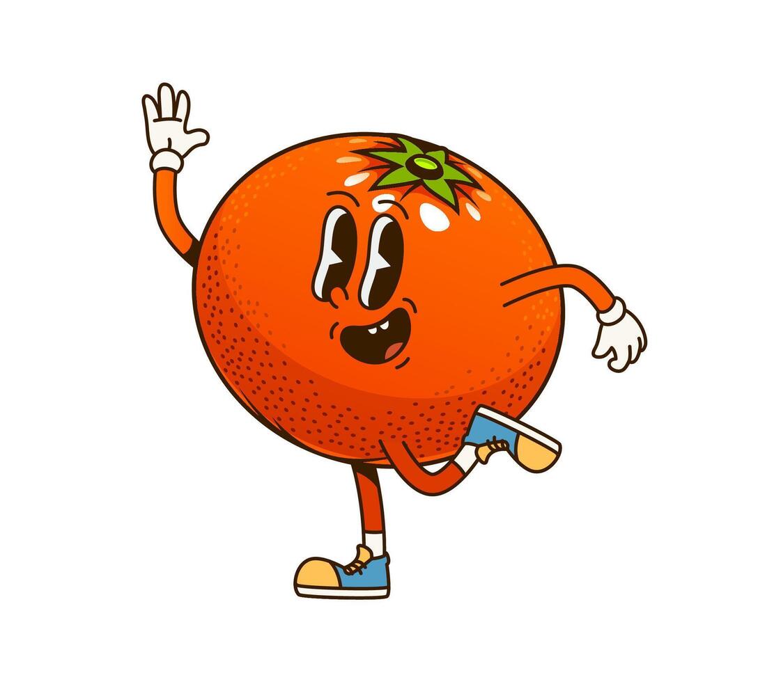 Groovy orange fruit, funny retro cartoon character vector