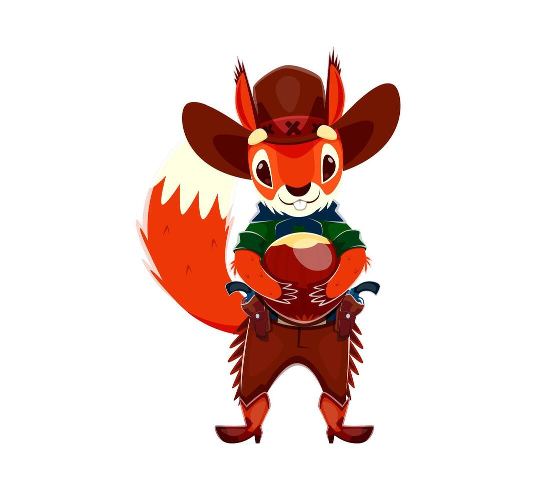 Cartoon squirrel cowboy character holding hazelnut vector