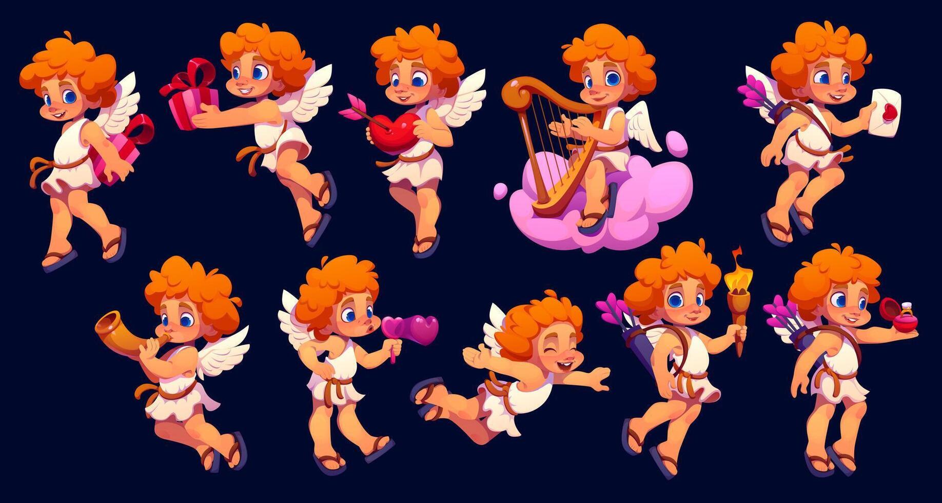 Cartoon valentine cherub and angel characters set vector