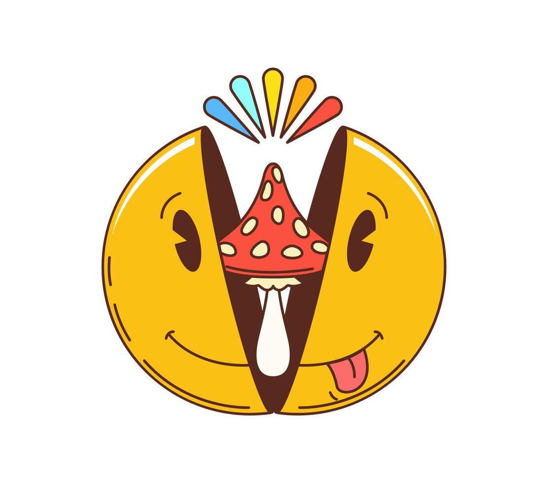 Retro hippie groovy cartoon smile with mushroom vector