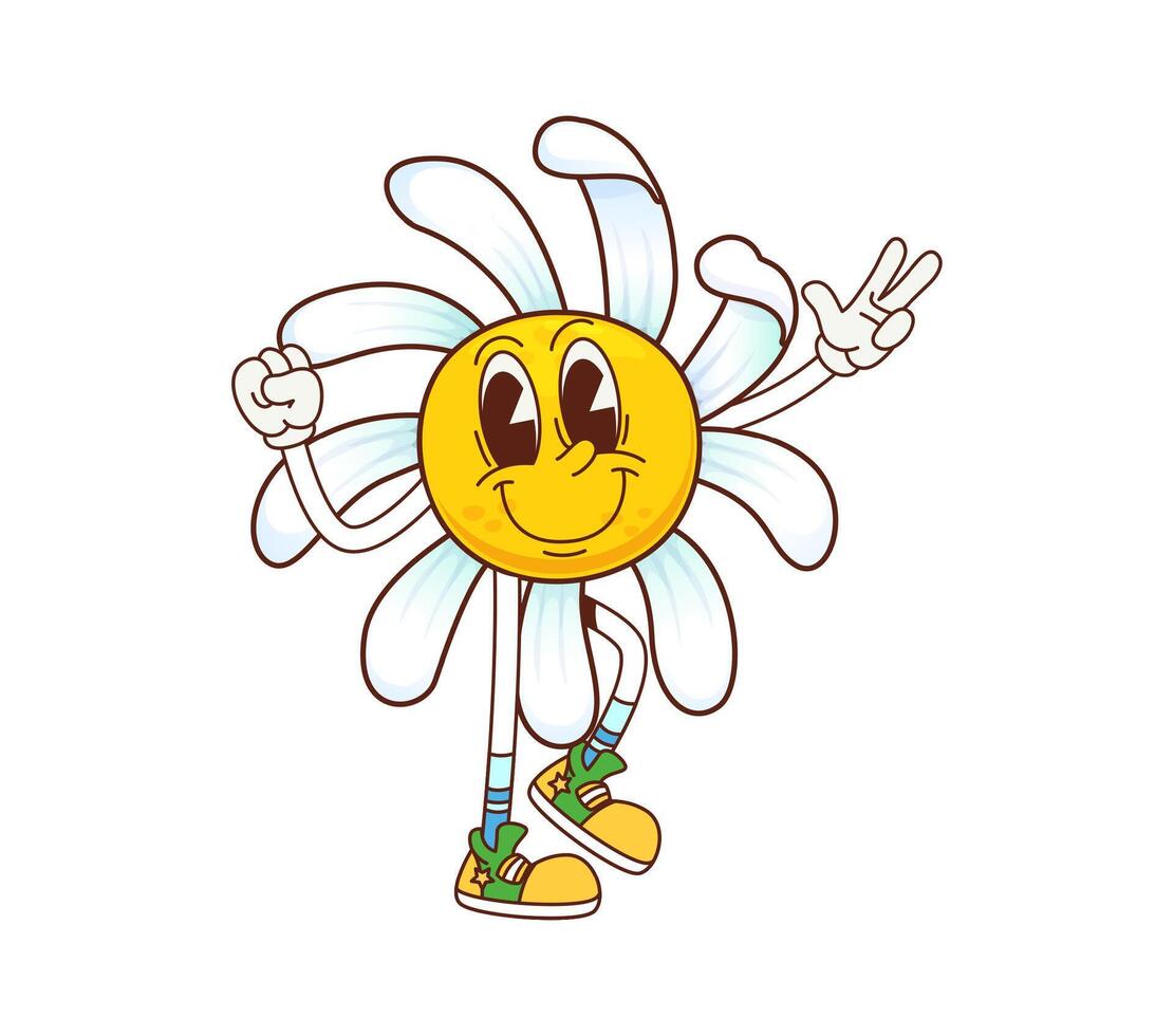Retro cartoon groovy daisy chamomile funny flower vector
