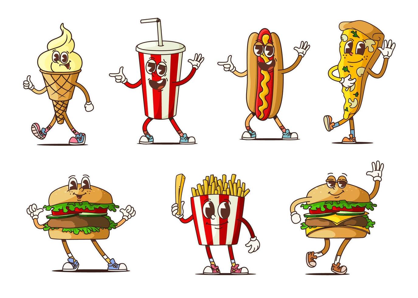 Groovy fast food burgers and soda characters vector