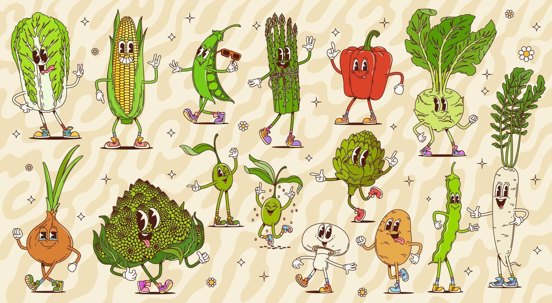 Retro groovy vegetable characters, veggie food vector