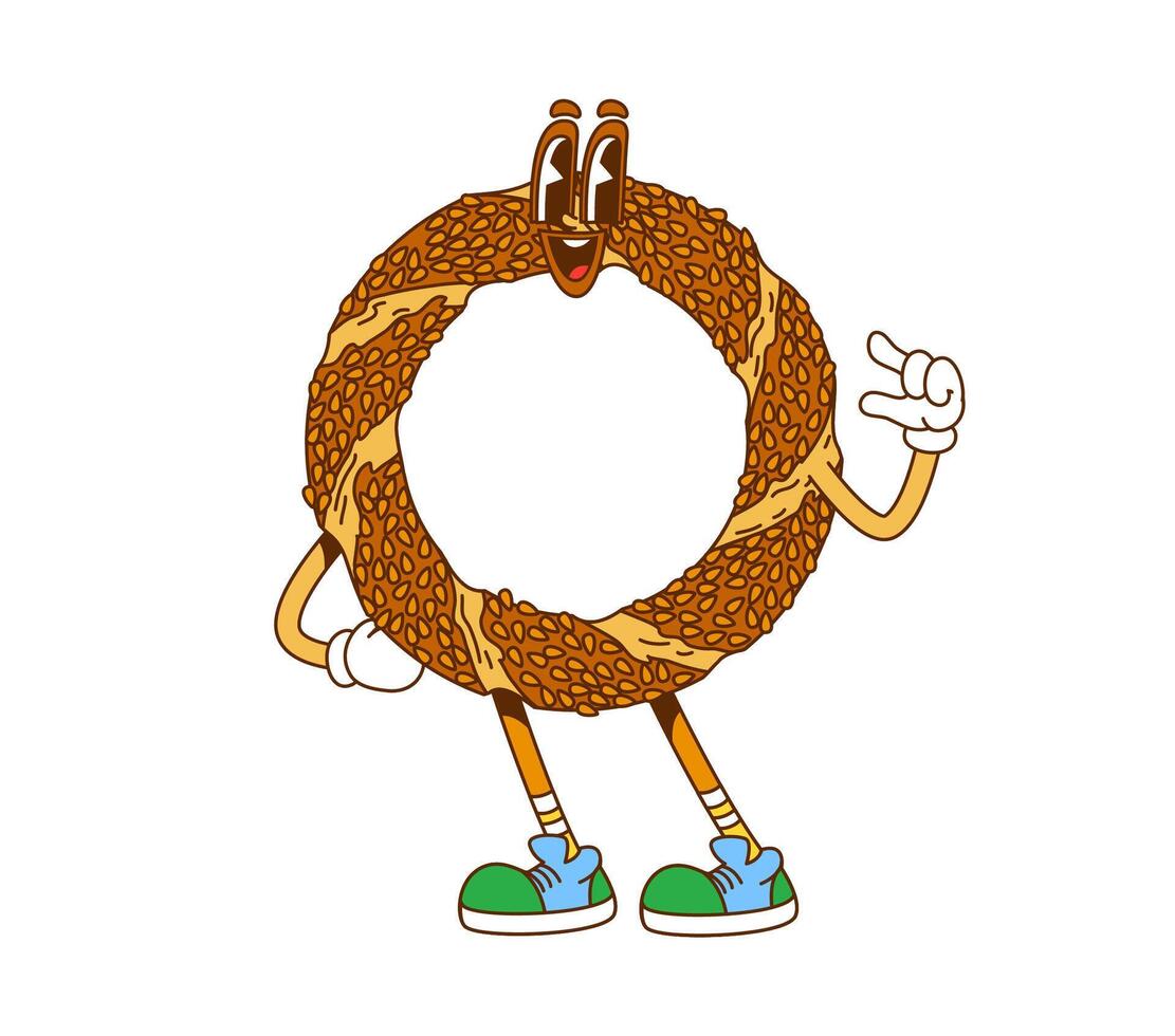 Groovy simit bagel, retro cartoon hippie fast food vector