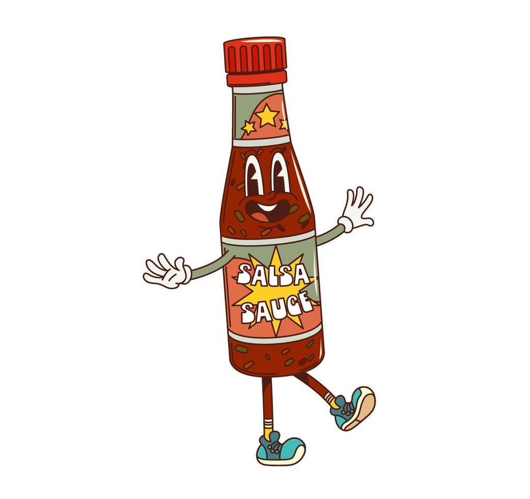 Cartoon groovy salsa sauce bottle funny character vector