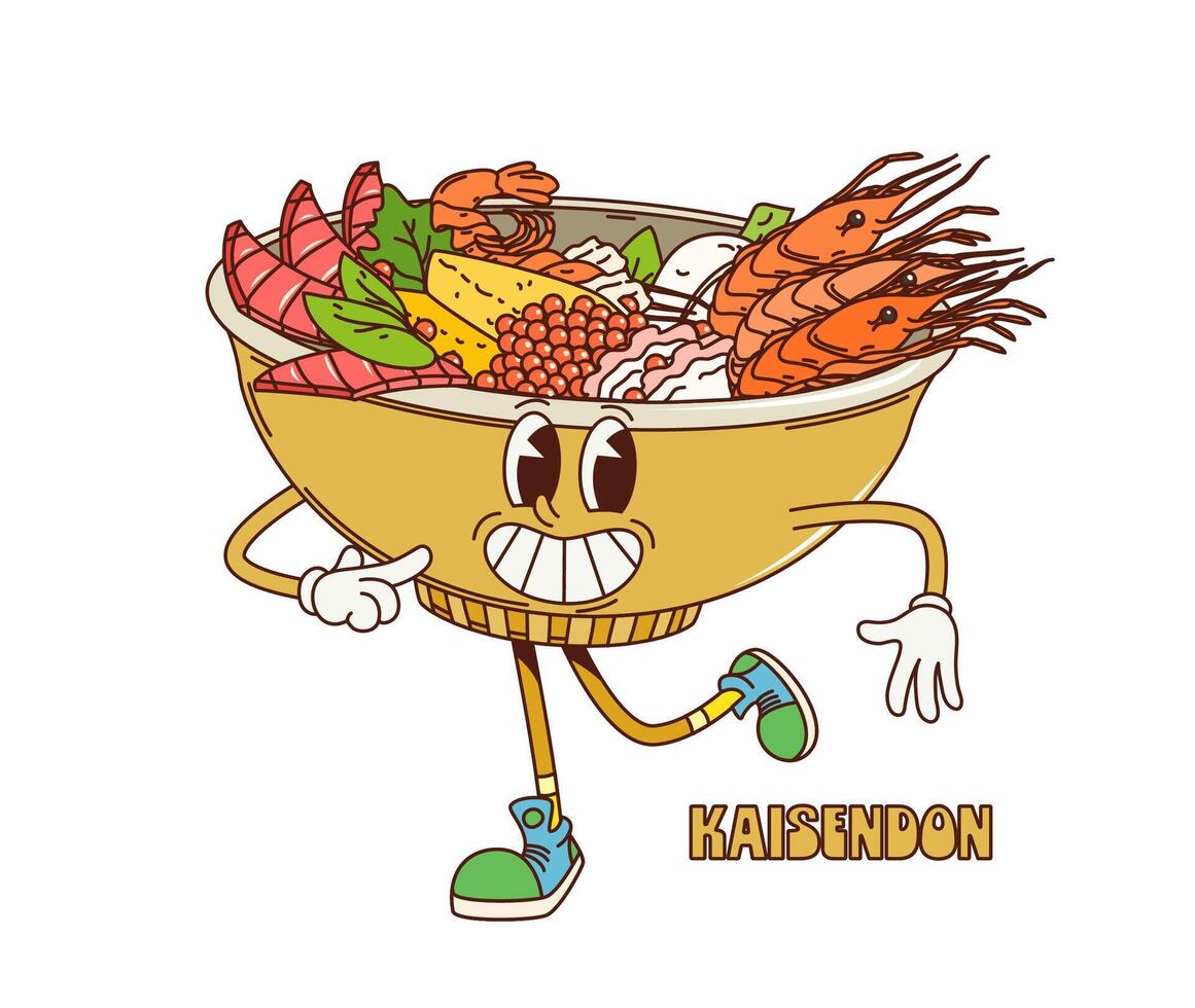 Cartoon retro groovy kaisendon donburi character vector