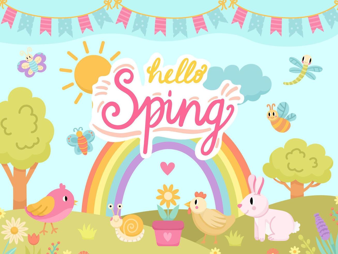 Children's banner or card spring landscape or scene with field and cute animals, children style vector