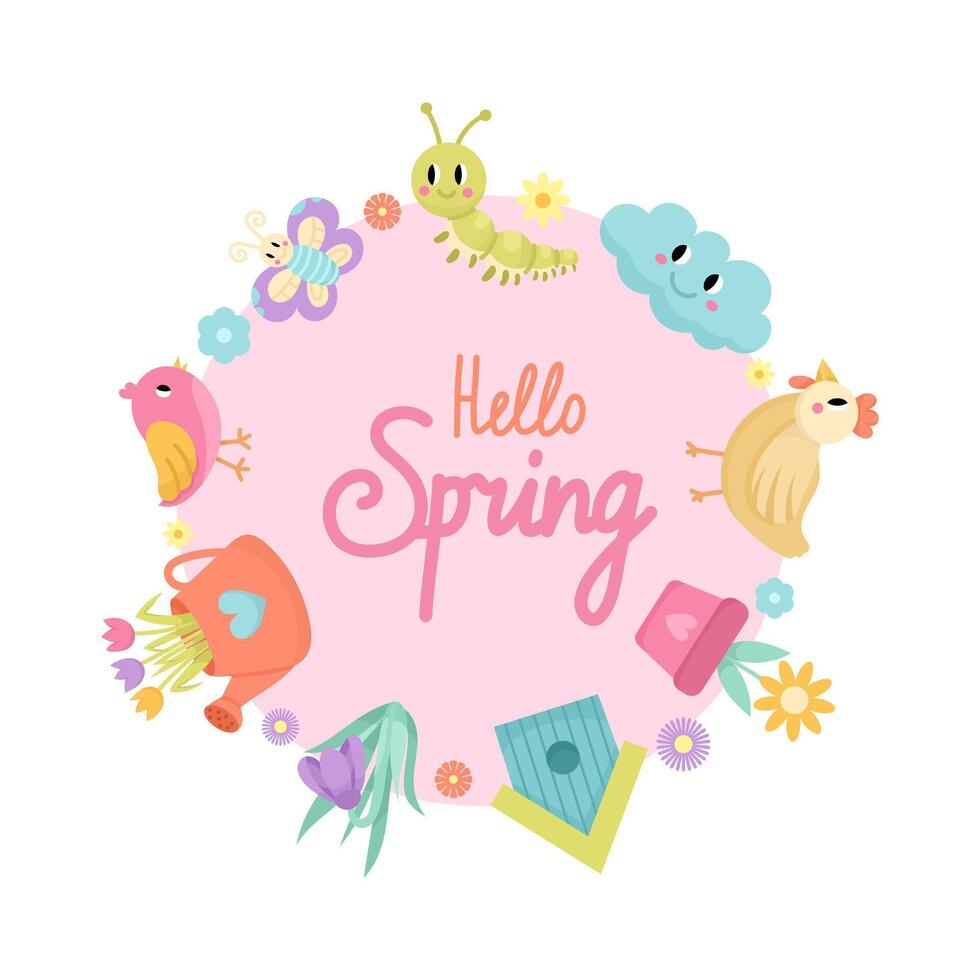 Children's frame with different spring elements - cloud, sun, flowers, bird, cute characters, pastel colors. Spring and summer cartoon illustration vector