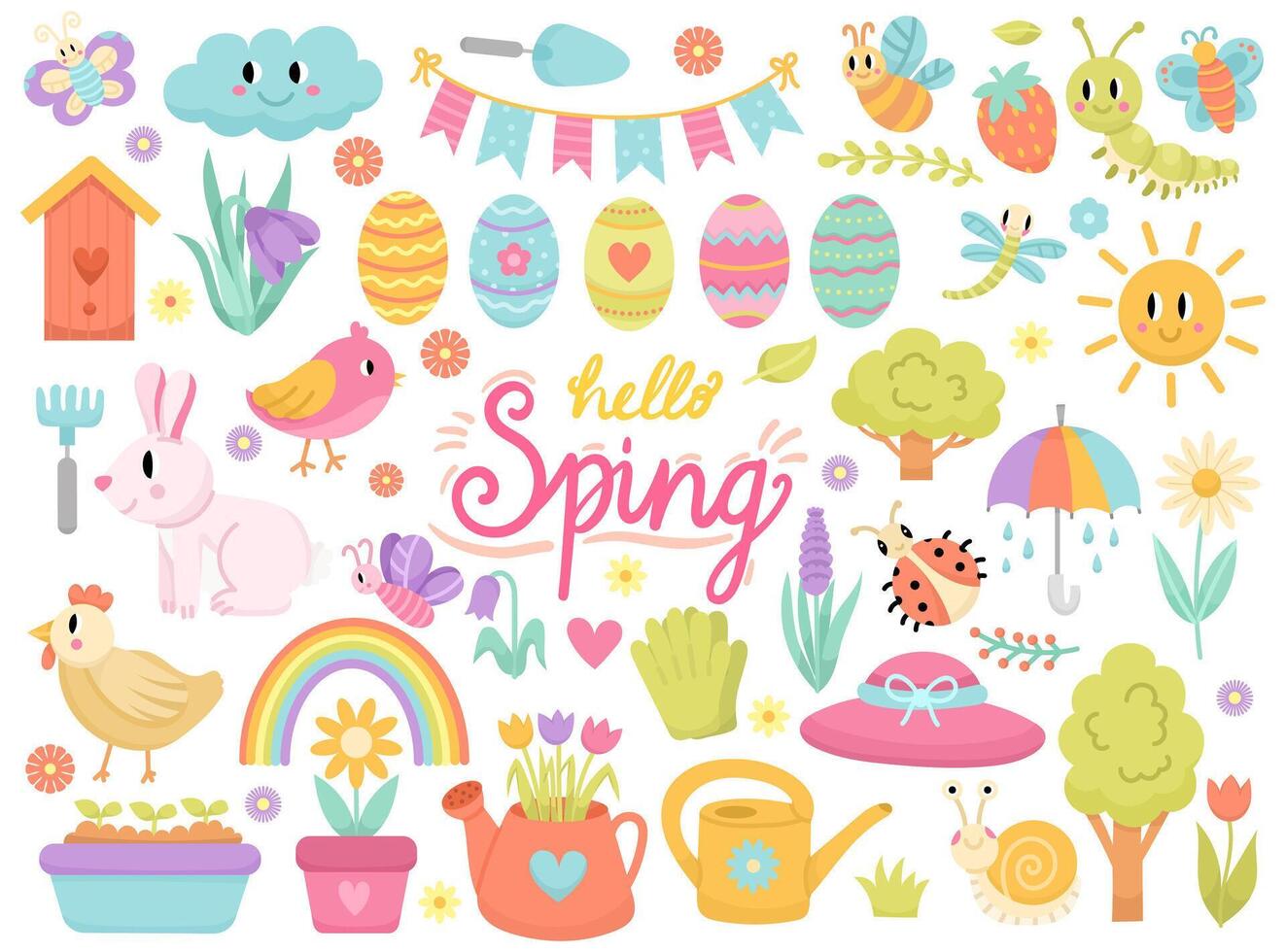 Hello spring, lettering and cartoon set of spring and holiday easter, cute butterflies, flowers, bunny, bird, easter eggs and plants. Hand drawn cartoon collection of different elements.Illustration vector