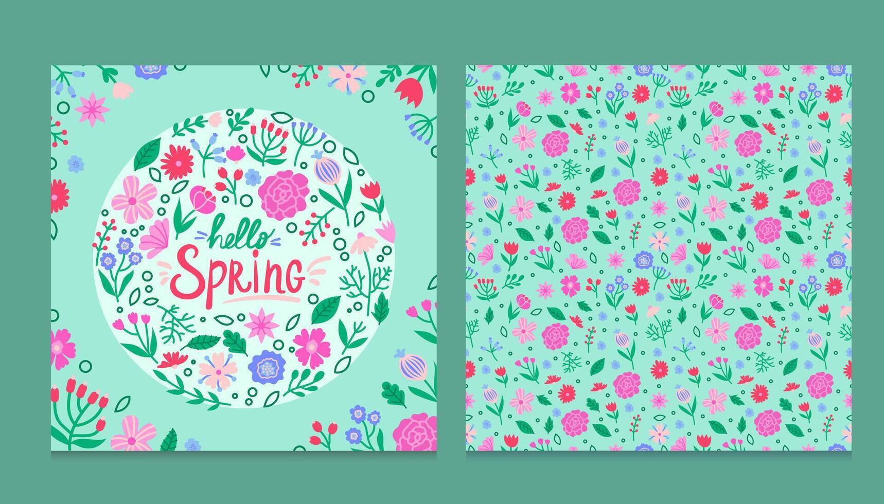 Card two sides on the theme of spring, floral with lettering hello spring. For print, printing, flyers, banners and others vector