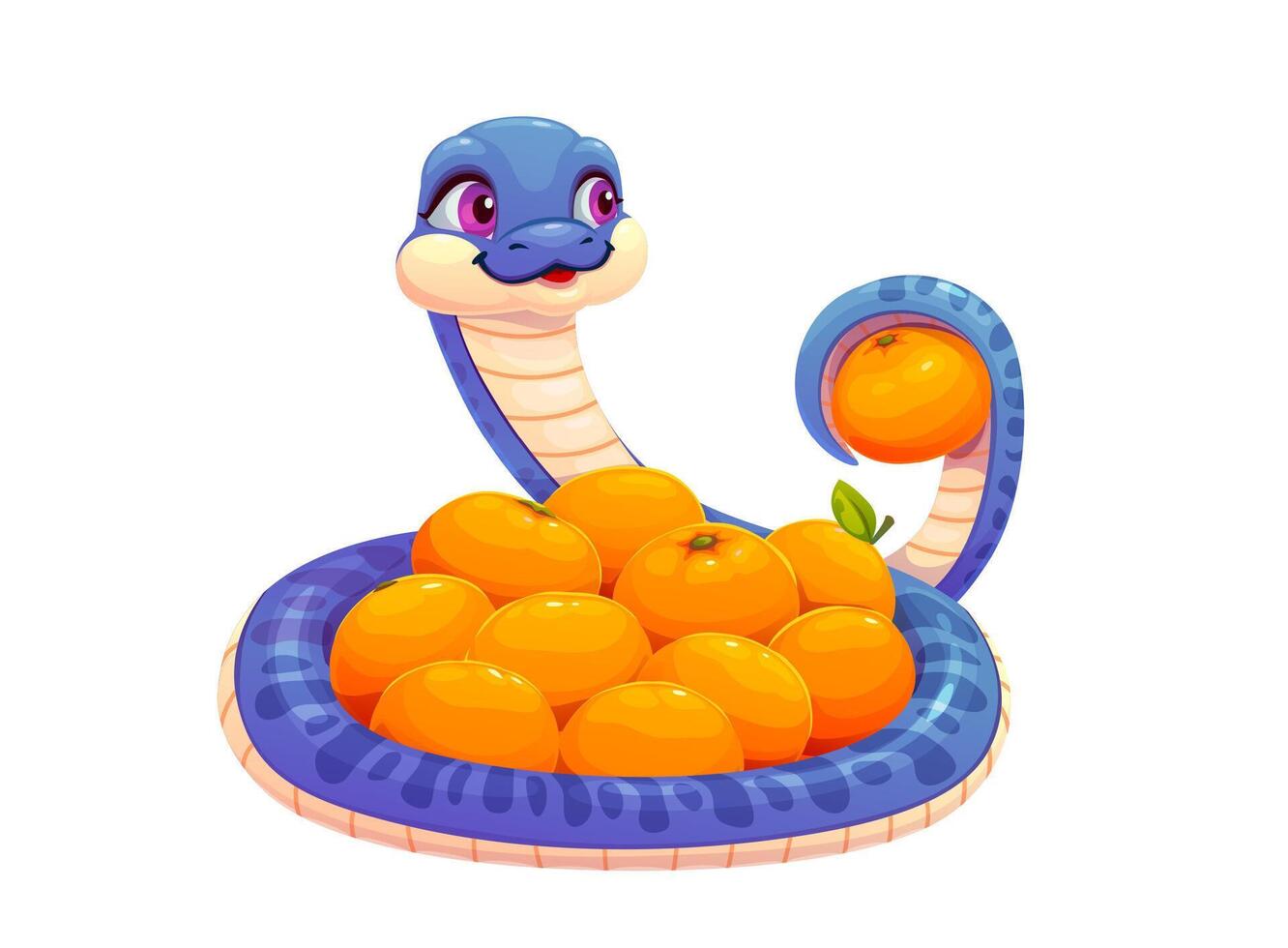 Funny snake character with mandarin fruits pile vector