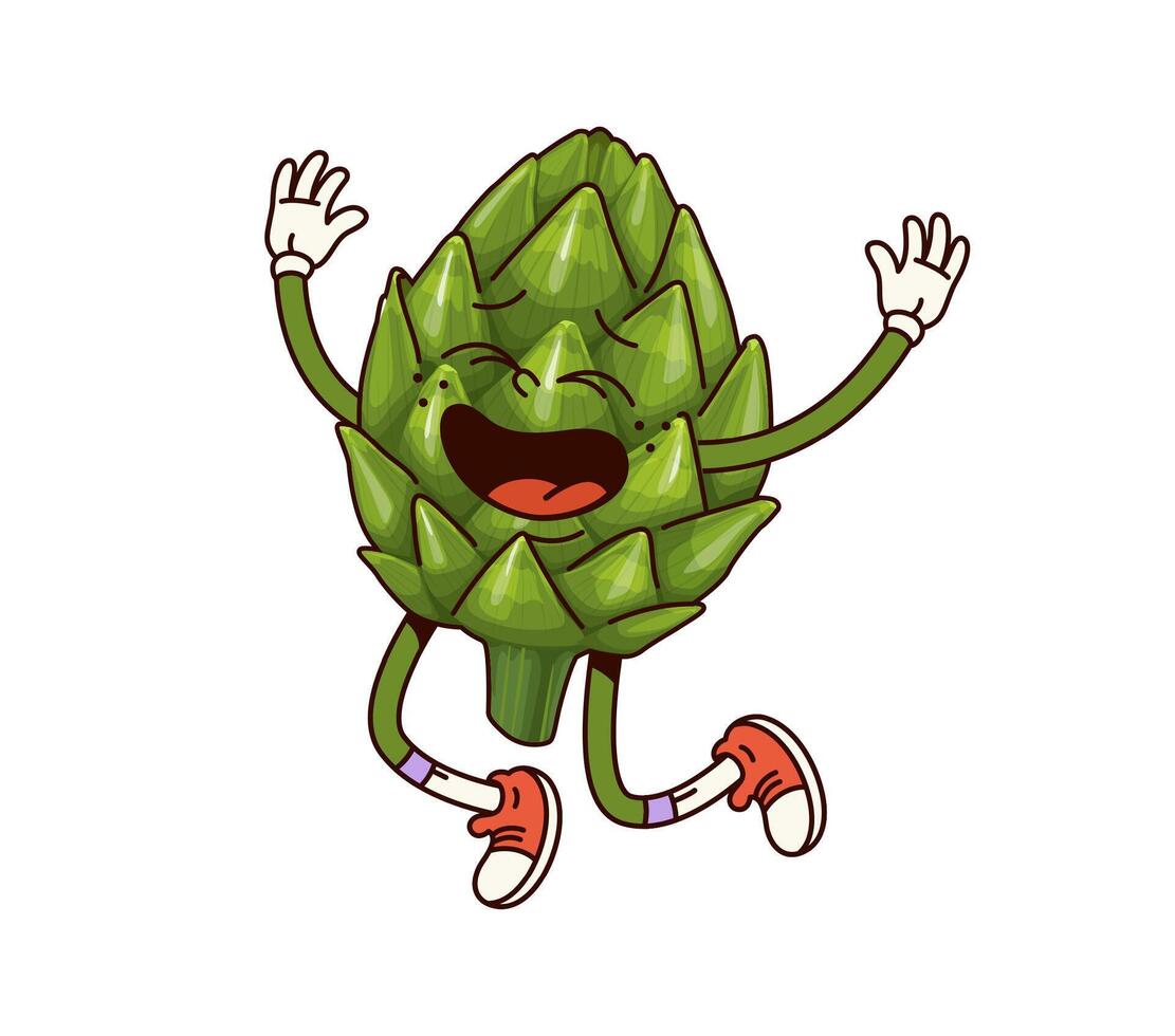 Groovy artichoke vegetable character jumping vector
