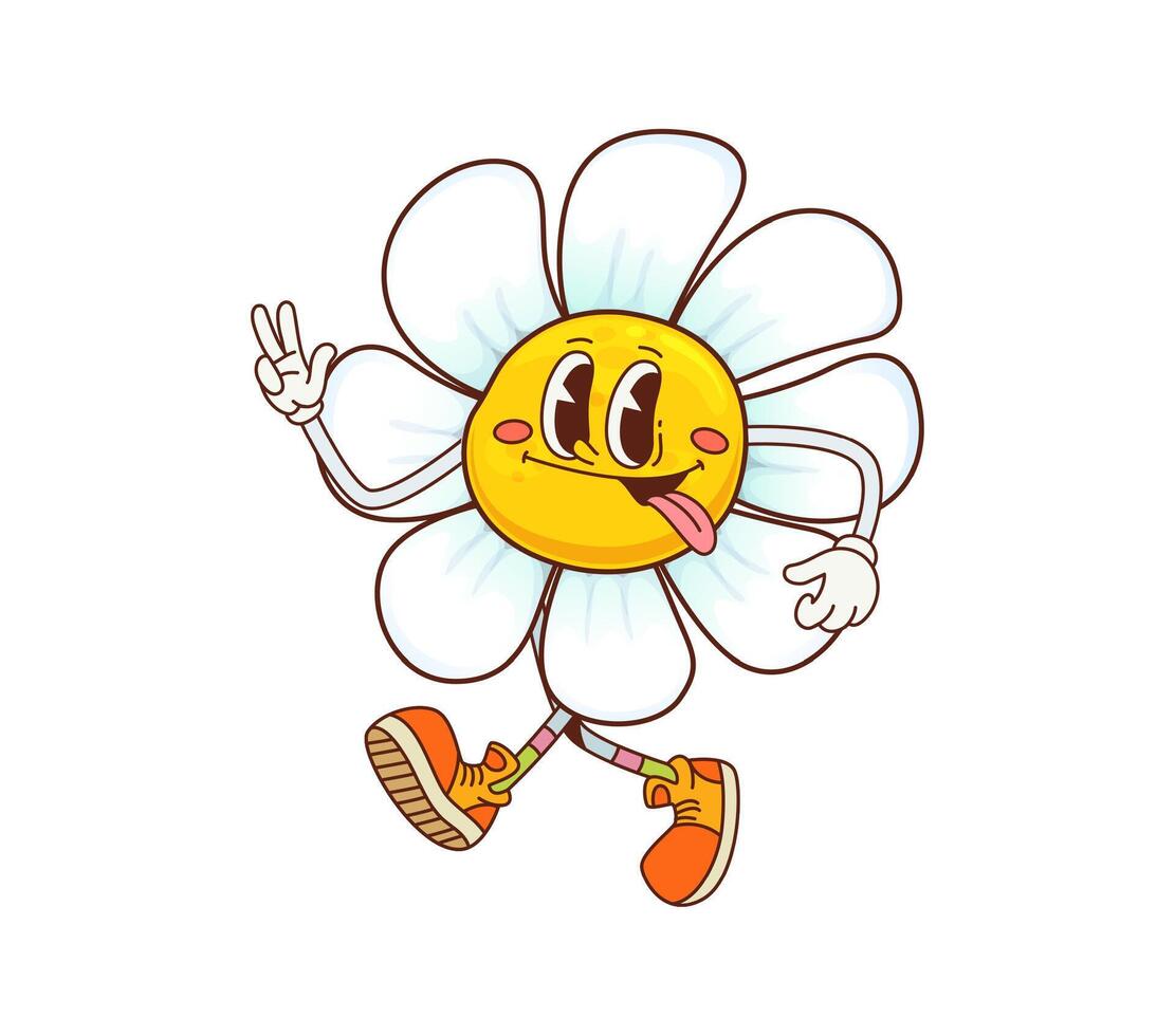 Groovy daisy flower character with tongue out vector