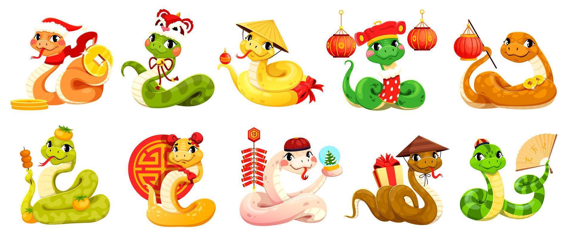 Cartoon 2025 Chinese lunar year snakes characters vector