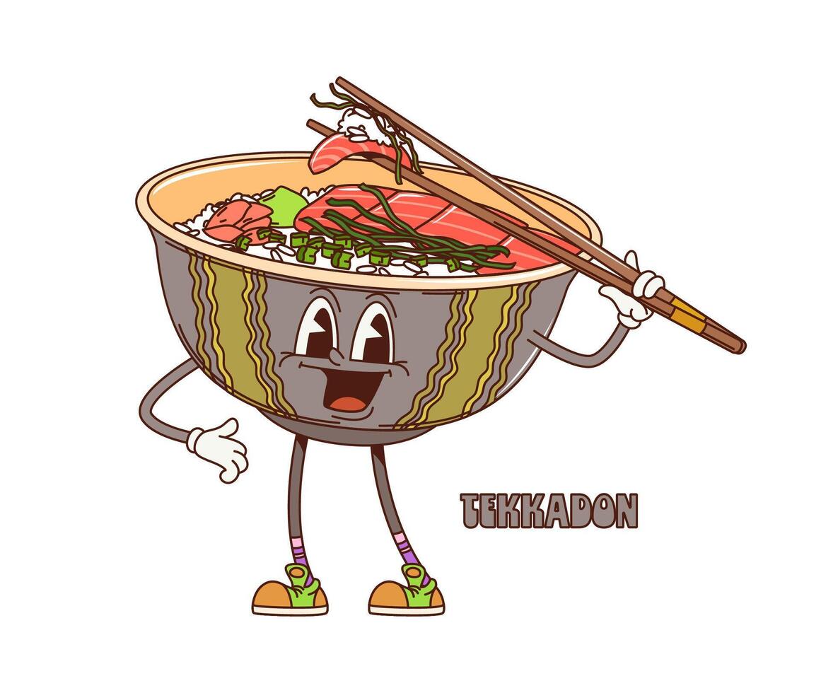 Cartoon retro groovy tekkadon donburi character vector