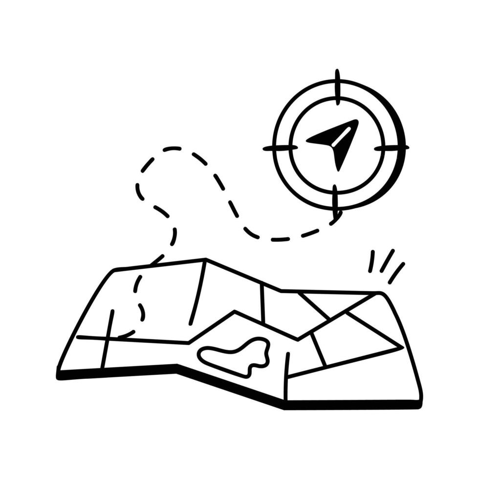Abstract navigation symbol representing directions and map-based exploration vector