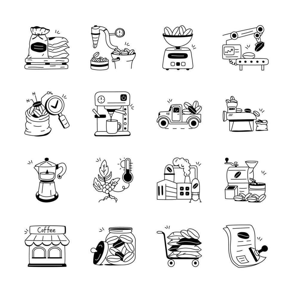 A set of hand drawn icons depicting various stages of coffee production, from harvesting and processing to roasting, vector