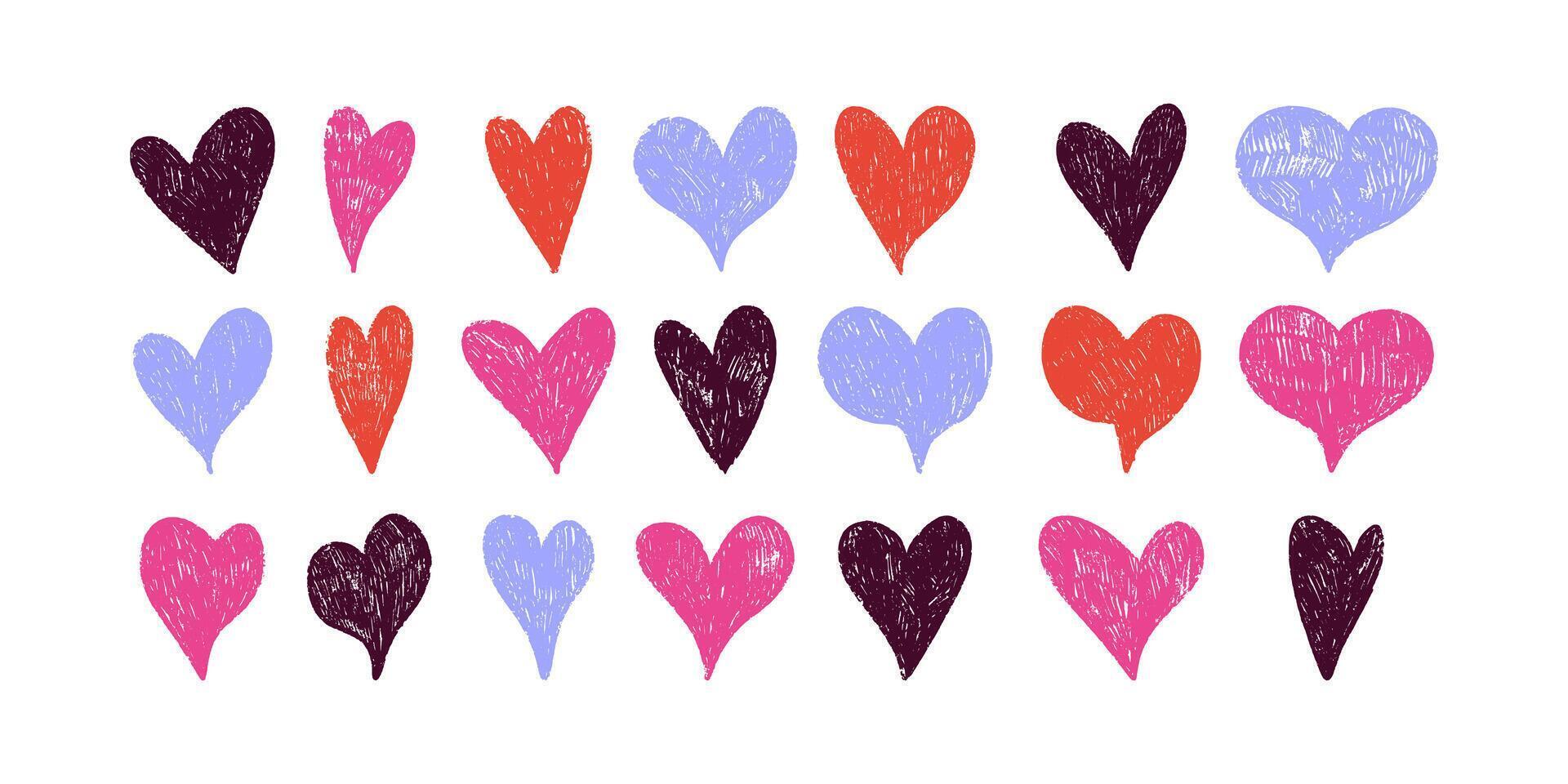 Set of colorful Grunge Heart Icons. Cute doodle love sign isolated on white background. Scribble heart shapes drawn with pencil vector