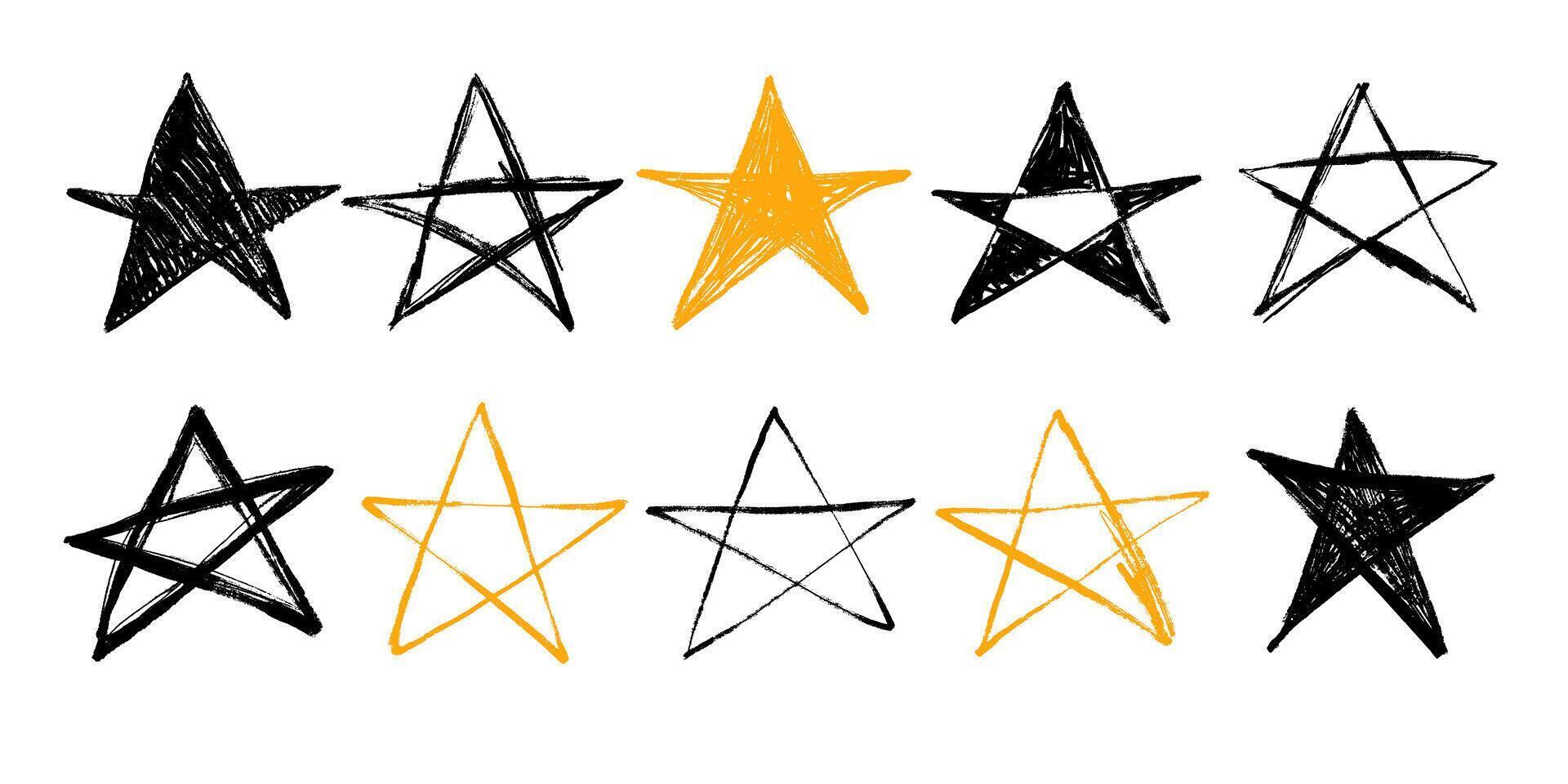 Grunge Charcoal and Pencil Pentagram Collection. Hand drawn design witchcraft star shapes. Creative sigil signs for rituals and Halloween vector