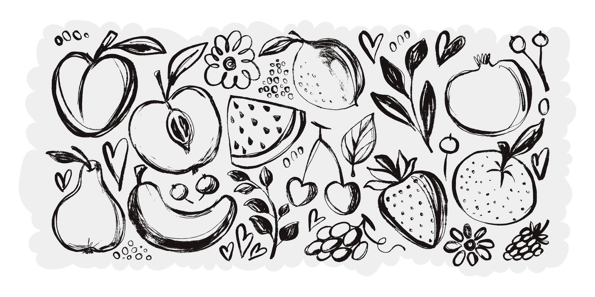 Food Banner with Black Grunge Fruits, Leaves and Flowers. Black sketched inked artistic elements . Hand drawn organic nature set vector
