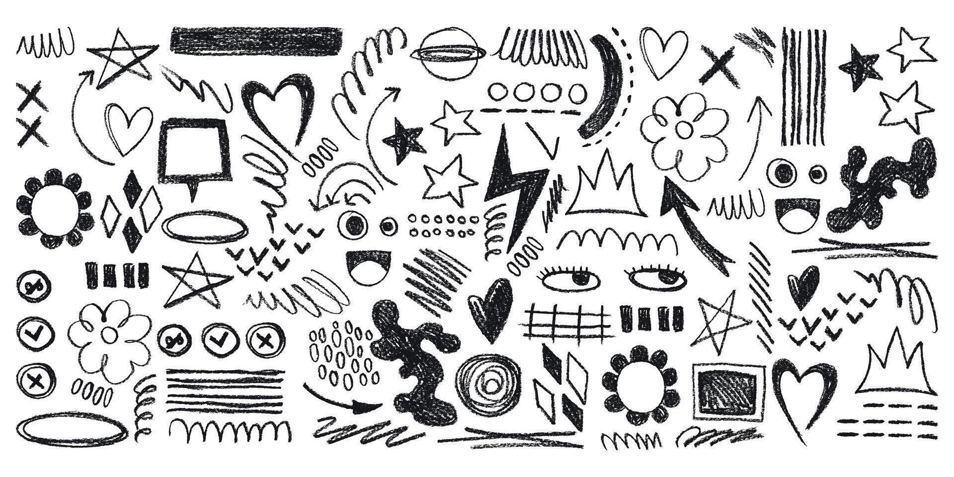Grunge Charcoal and Pencil Girly Sketches. Hand drawn design doodle shapes. Creative playful banner with graffiti abstract elements vector