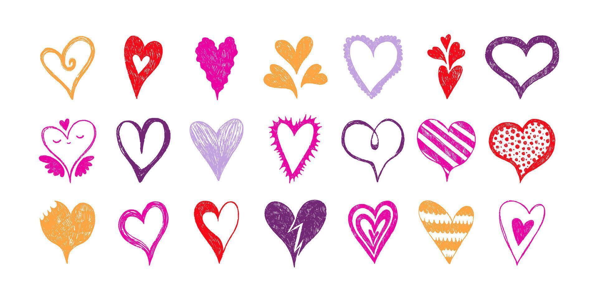 Colorful Grunge Funny Heart Icons. Cute doodle love sign isolated on white background. Scribble heart shapes drawn with pencil vector