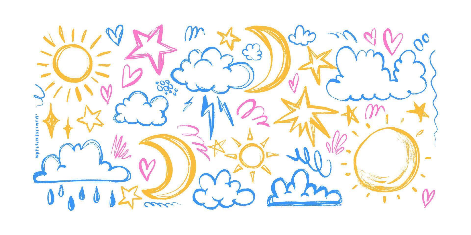 Set of Cute Clouds, Stars, Sun and Moon Grunge Hand Drawn Design Elements. Banner with cute night and day artistic icons vector
