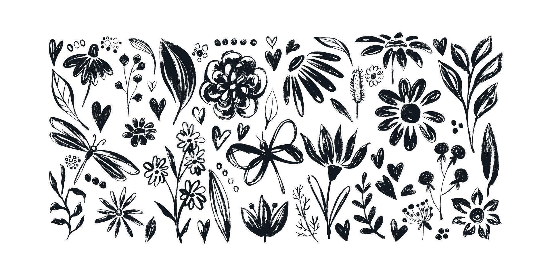 Grunge Ink Floral Banner with Cute Hand Drawn Herbs and Insects. Botanical design elements isolated on white background vector