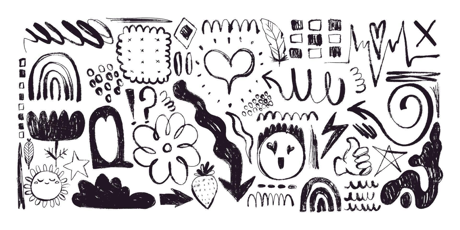 Grunge Charcoal and Pencil Girly Scribbles. Hand drawn design doodle shapes. Creative playful banner with graffiti abstract elements vector