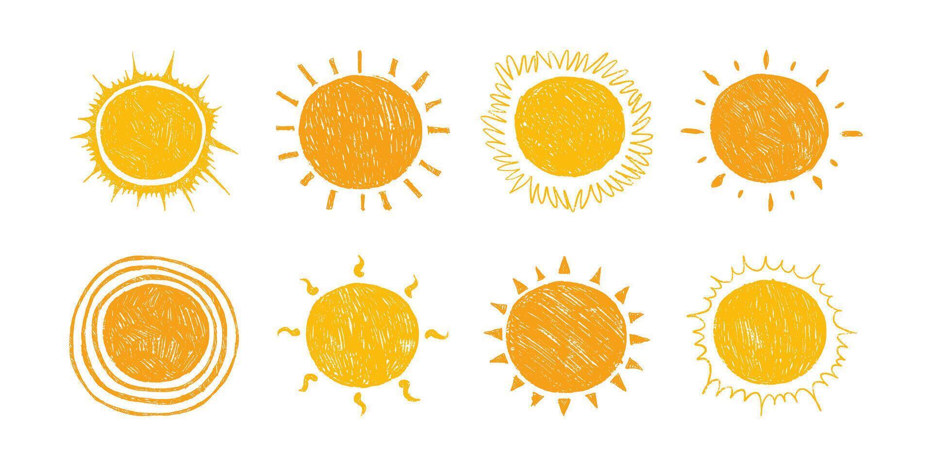 Sun Collection Hand Drawn with Pencil, Isolated on White Background. Cute nature summer elements. Sun, heat icons with rays vector