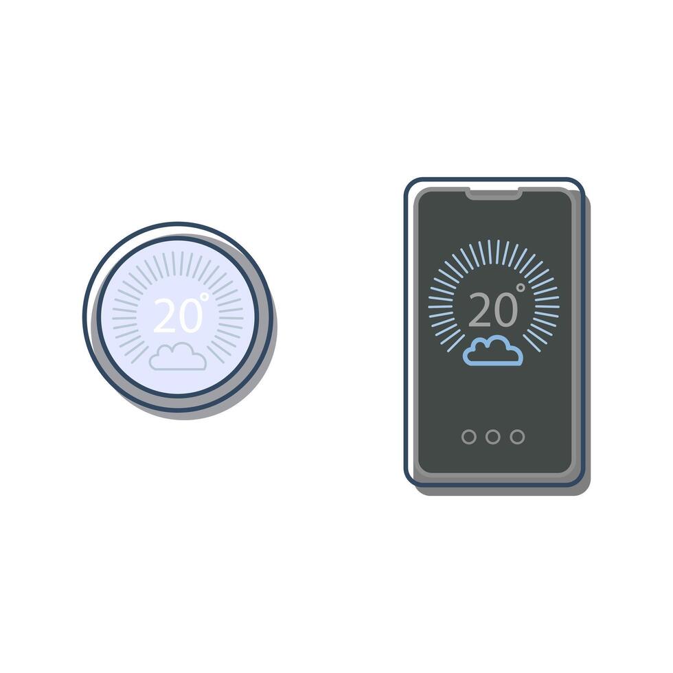 A smart thermostat and a smartphone interface, both displaying a temperature of 20 degrees Celsius, are relevant to describing modern smart home technology vector