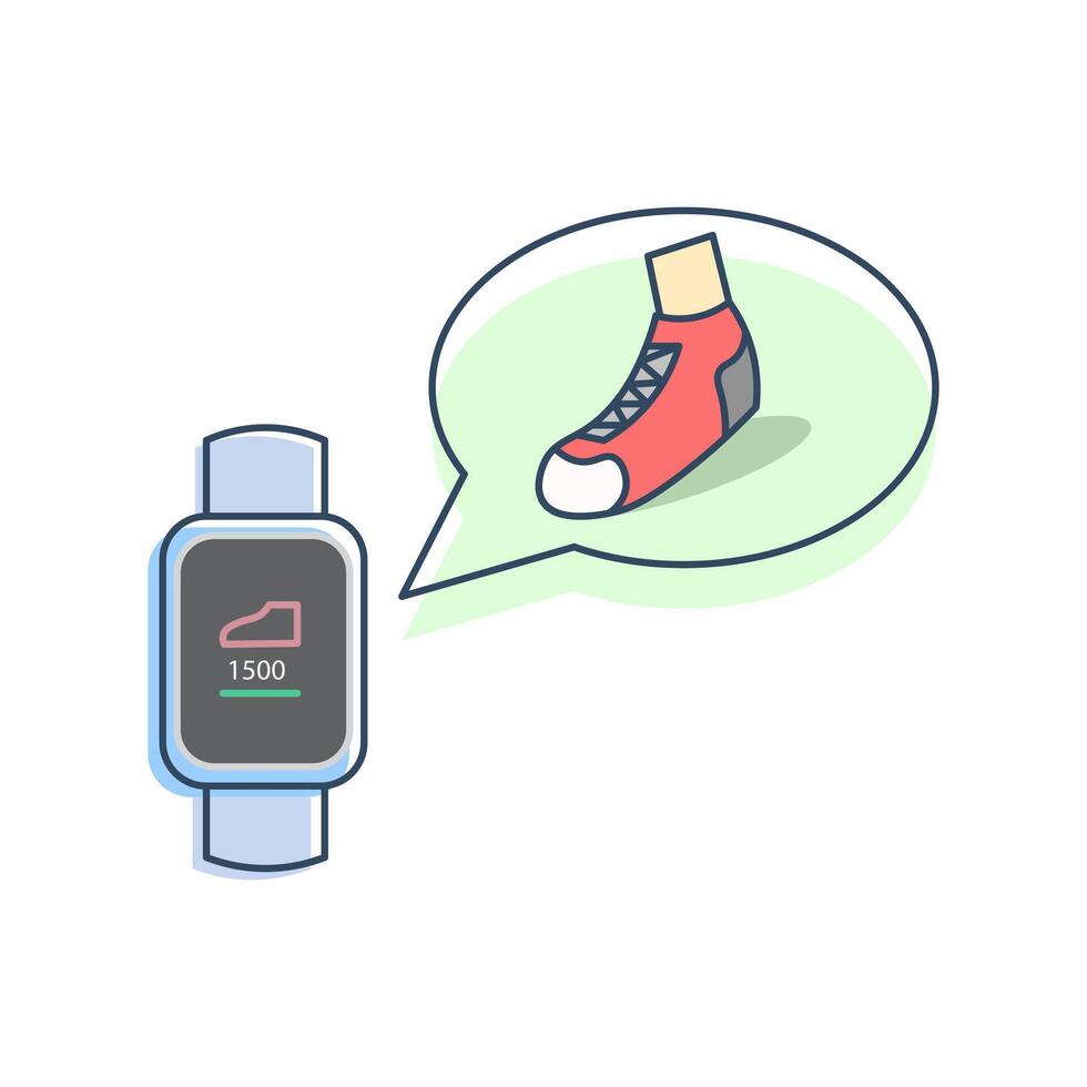 smart watch, the smart watch screen displays a shoe icon and the number 1500, which indicates the step counting or fitness tracking feature. vector