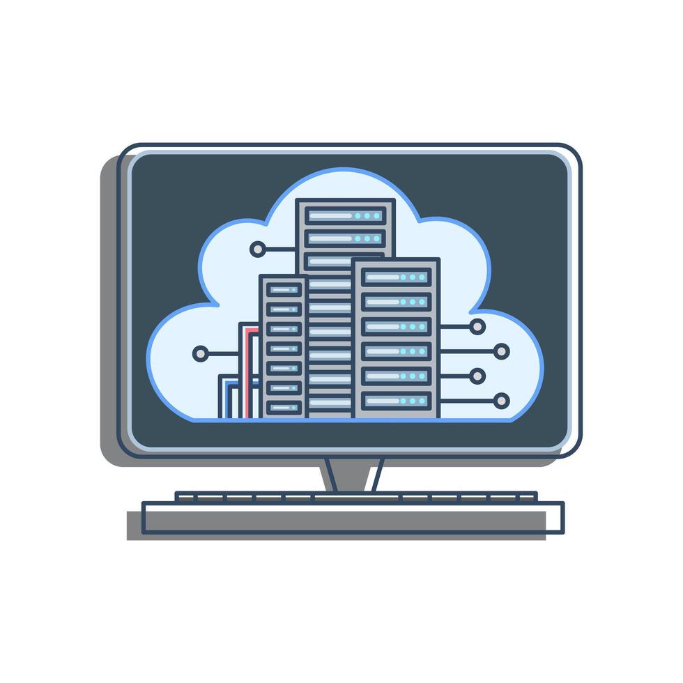 A computer monitor showing a cloud computing infrastructure and several racks of servers within it, connected by a network connection. represents cloud computing and data storage solutions. vector