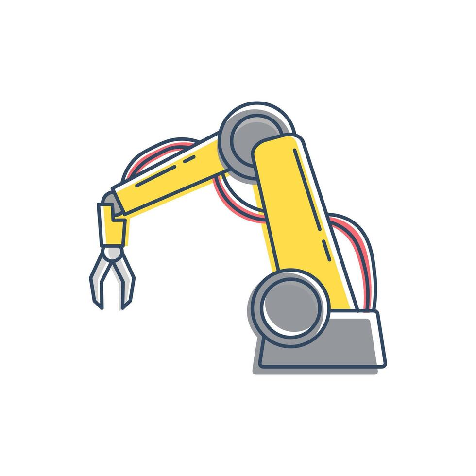 industrial robot arm with strong mechanical design. This robot arm is equipped with clamps to pick up and move objects. vector