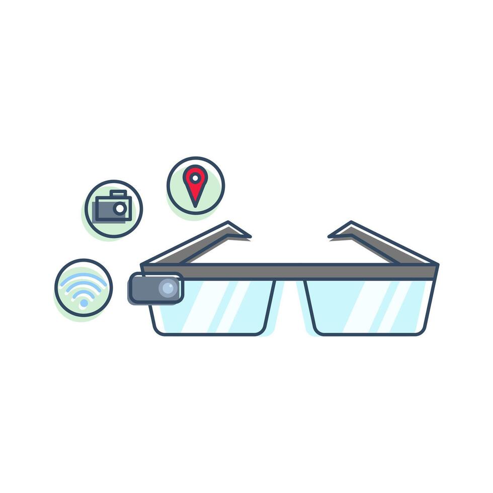 smart glasses with various integrated features. camera on one side. capabilities such as photo taking, GPS navigation, and wireless connectivity. relevant to describing modern wearable technology vector