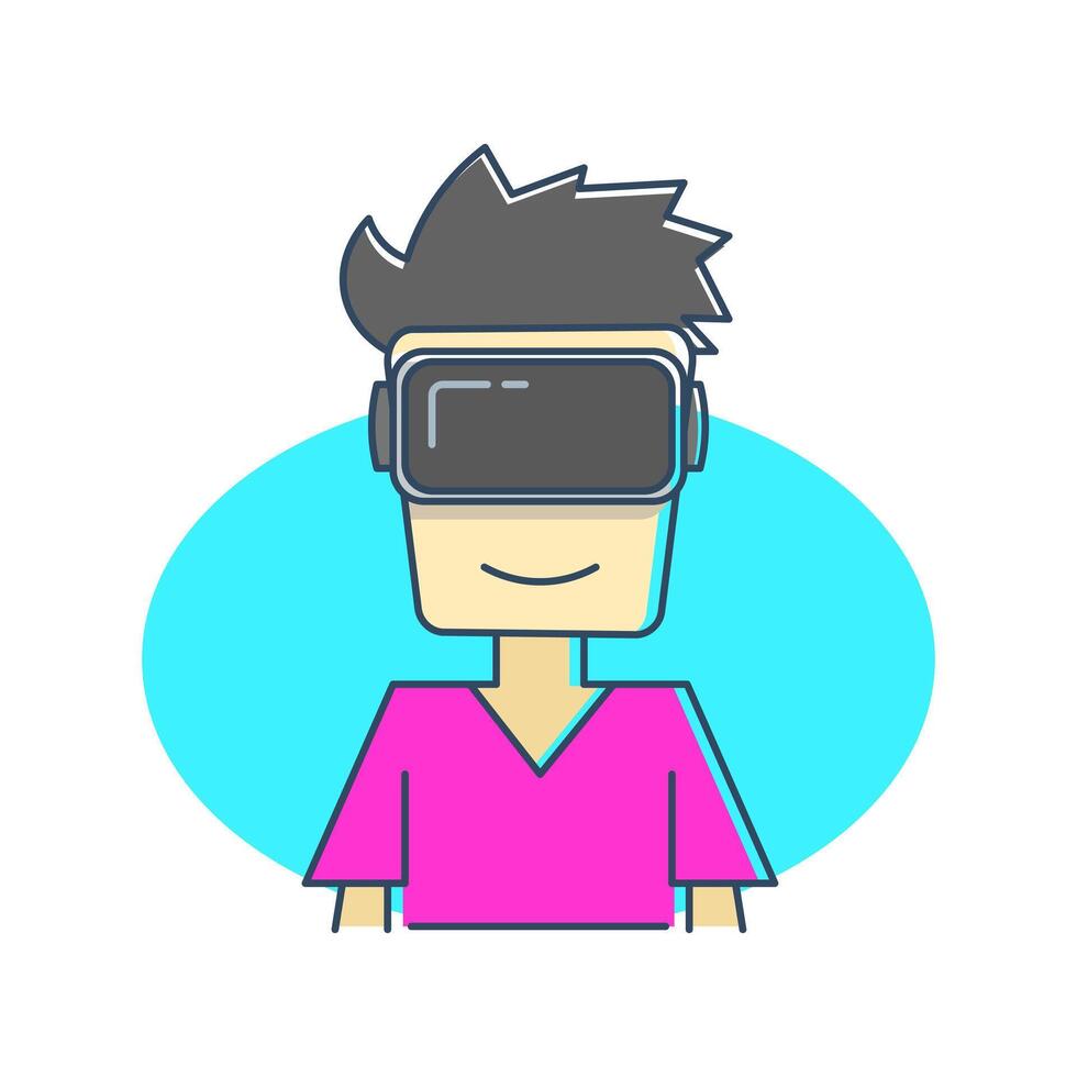 A character wears a virtual reality VR headset. This character has spiky hair and wears a pink shirt. Her facial expression shows enjoyment and involvement in the virtual world. vector
