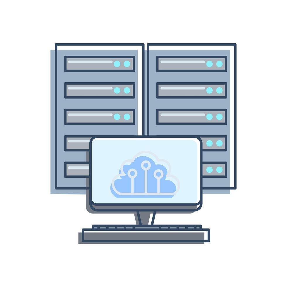 Cloud computing infrastructure. features two server racks and a computer monitor showing a cloud icon with circuit lines, symbolizing cloud technology and data storage. related to data centers. vector