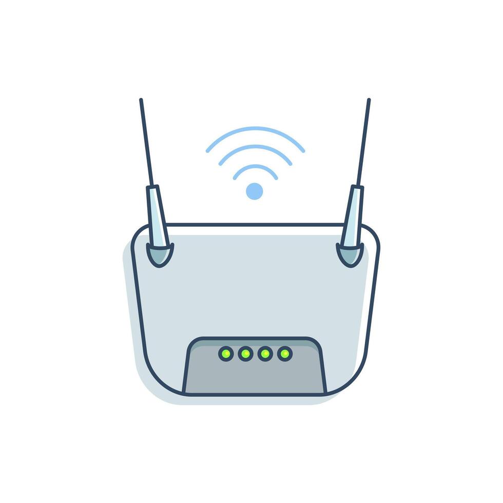 WiFi router with two antennas and signal icon on it, showing wireless connectivity. The router has four green indicator lights on its front panel. suitable for technology-related content. vector