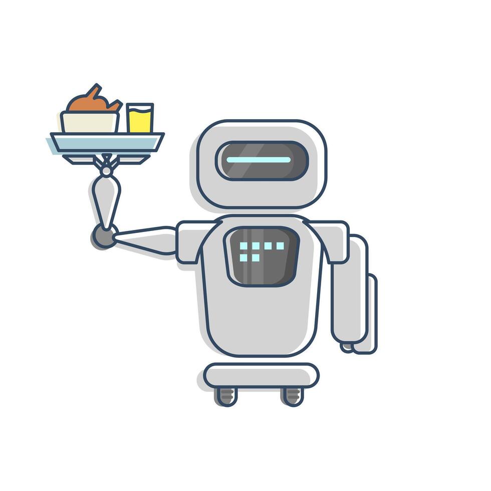 A robot carrying a tray of food and drinks. This robot acts as a waiter in a restaurant, replacing the role of humans in serving customers vector
