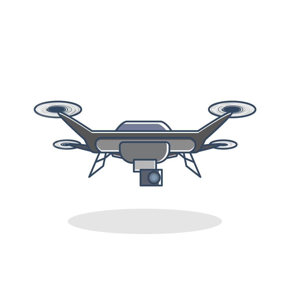 Autonomous drone. This drone has four rotors, a central body, and a camera mounted underneath. shows potential applications in areas such as surveillance, photography, and delivery services. vector