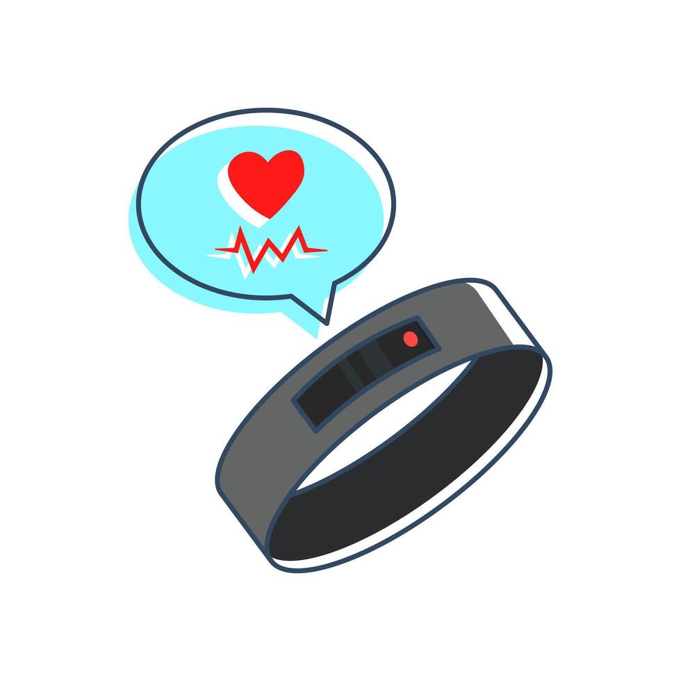 smart fitness tracker with heart rate monitor. a speech bubble containing a heart symbol and an electrocardiogram EKG line is displayed, indicating its function to monitor heart rate vector