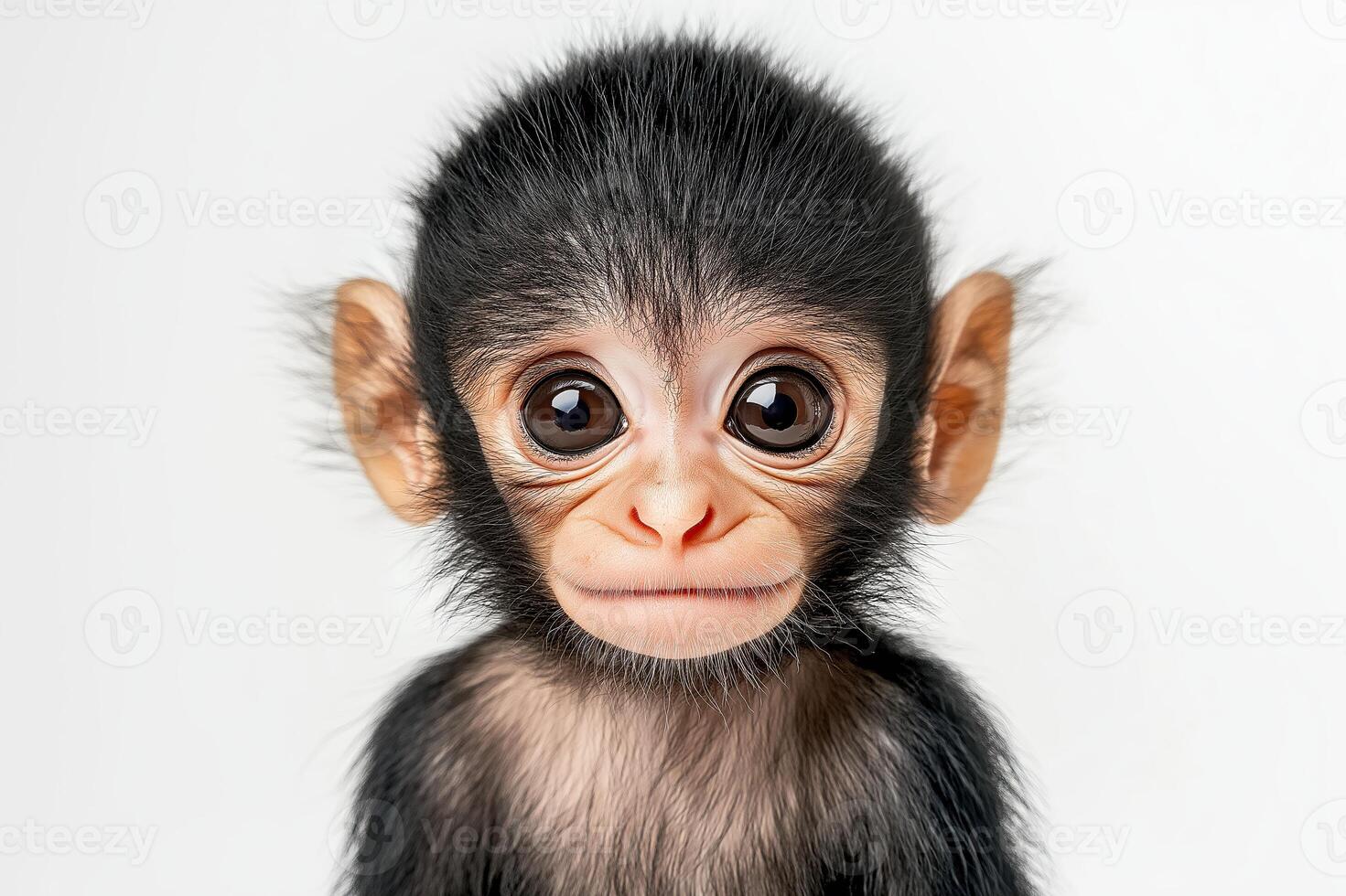 Adorable baby monkey with expressive eyes posing against photo