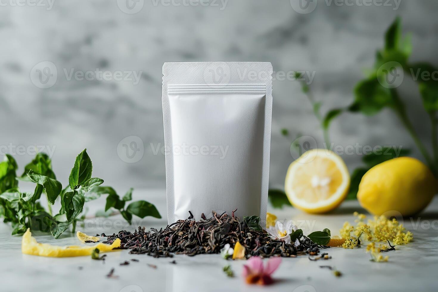 A white bag of tea is on a table with a bunch of herbs photo