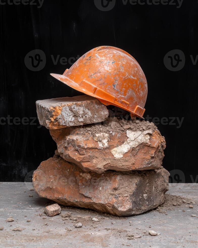 Hard hat resting on a pile of bricks photo