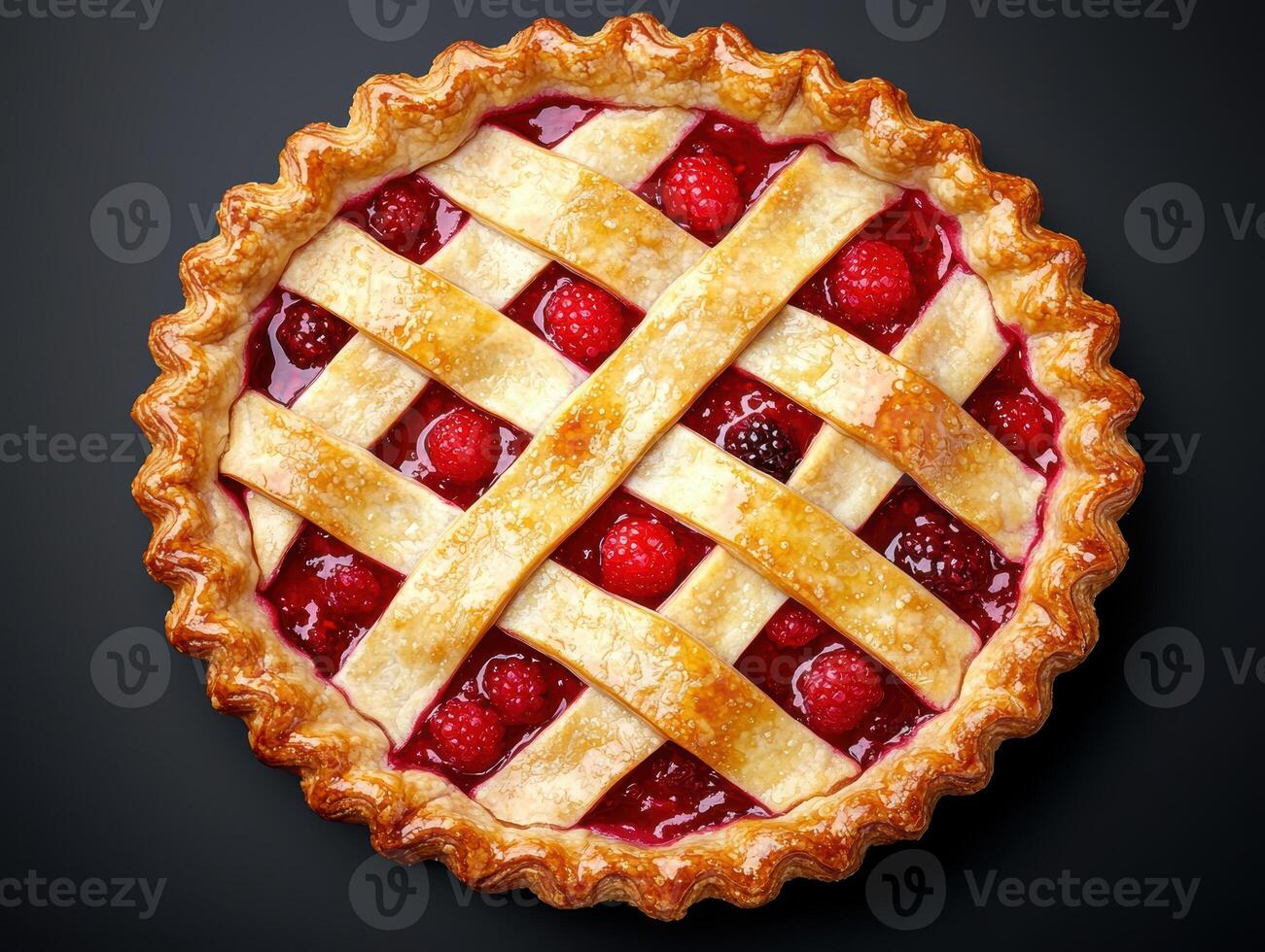 Delicious berry pie with lattice crust, overhead shot photo