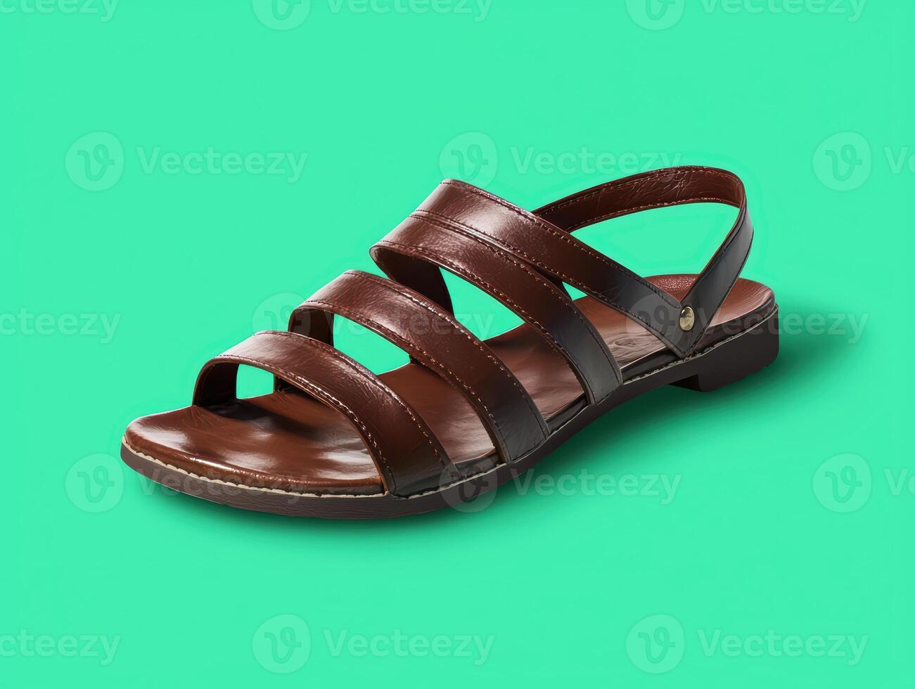 Mens brown leather sandals on a green background photo