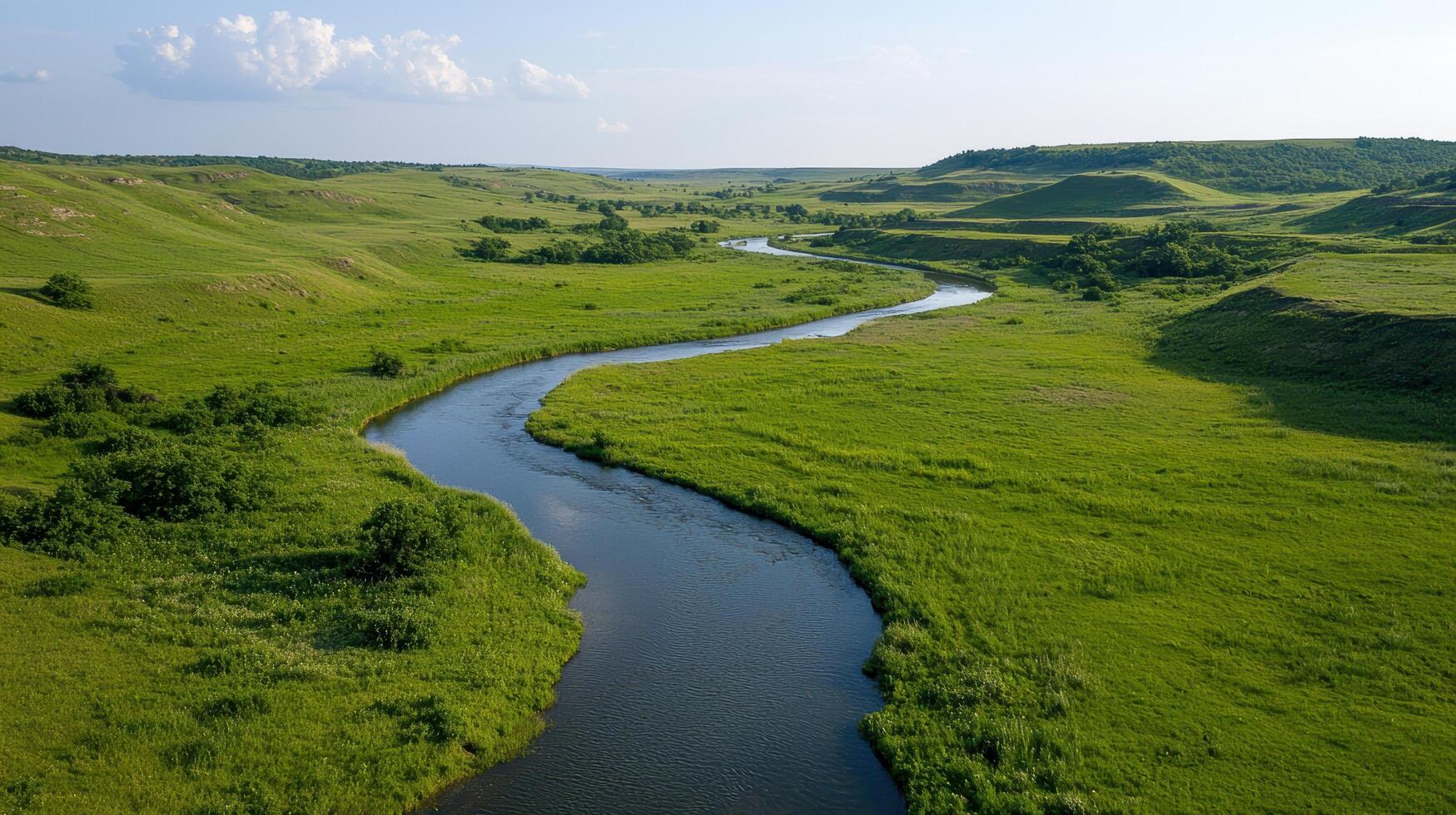 an aerial view of a river flowing through a green valley photo